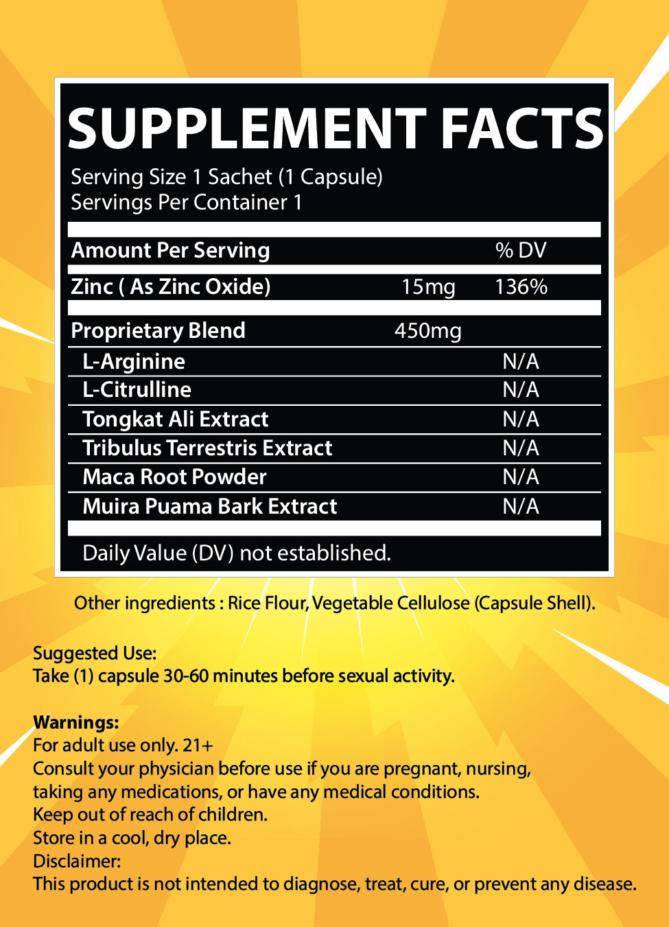 Bangher Male Performance Support Supplement Pills Capsules Supplement Facts Box
